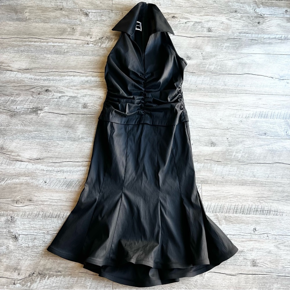 TADASHI SHOJI VTG Black Taffeta Ruched Collared Fit and Flare Dress Size…